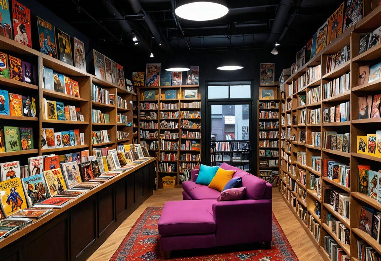 A vibrant and colorful 3D graphic illustration showcasing a bustling comic book store filled with mature graphic novels, with characters from erotic storytelling peeking out from the covers. The atmosphere should be inviting and artistic, with a cozy reading nook in the corner and soft lighting highlighting the comic art. Include elements of fantasy and allure in the character designs to emphasize the mature theme. super-realistic. vibrant colors. playful details.