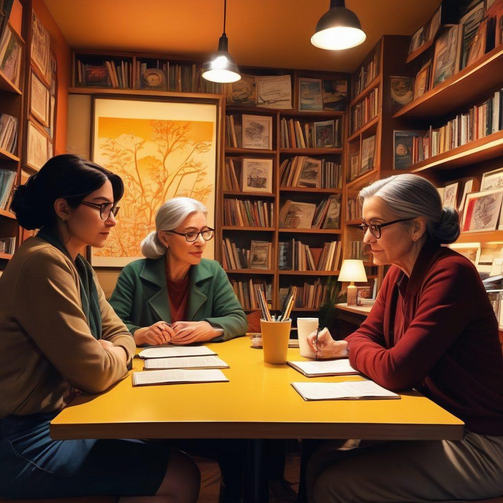 A captivating graphic novel scene featuring a diverse group of mature characters deep in discussion, surrounded by vibrant comic book panels showcasing intricate storytelling and emotions. The setting has a cozy, dimly-lit café atmosphere filled with books, art supplies, and soft lighting. Include elements that reflect age, wisdom, and artistic creativity in their expressions. super-realistic. warm tones. cozy ambiance.